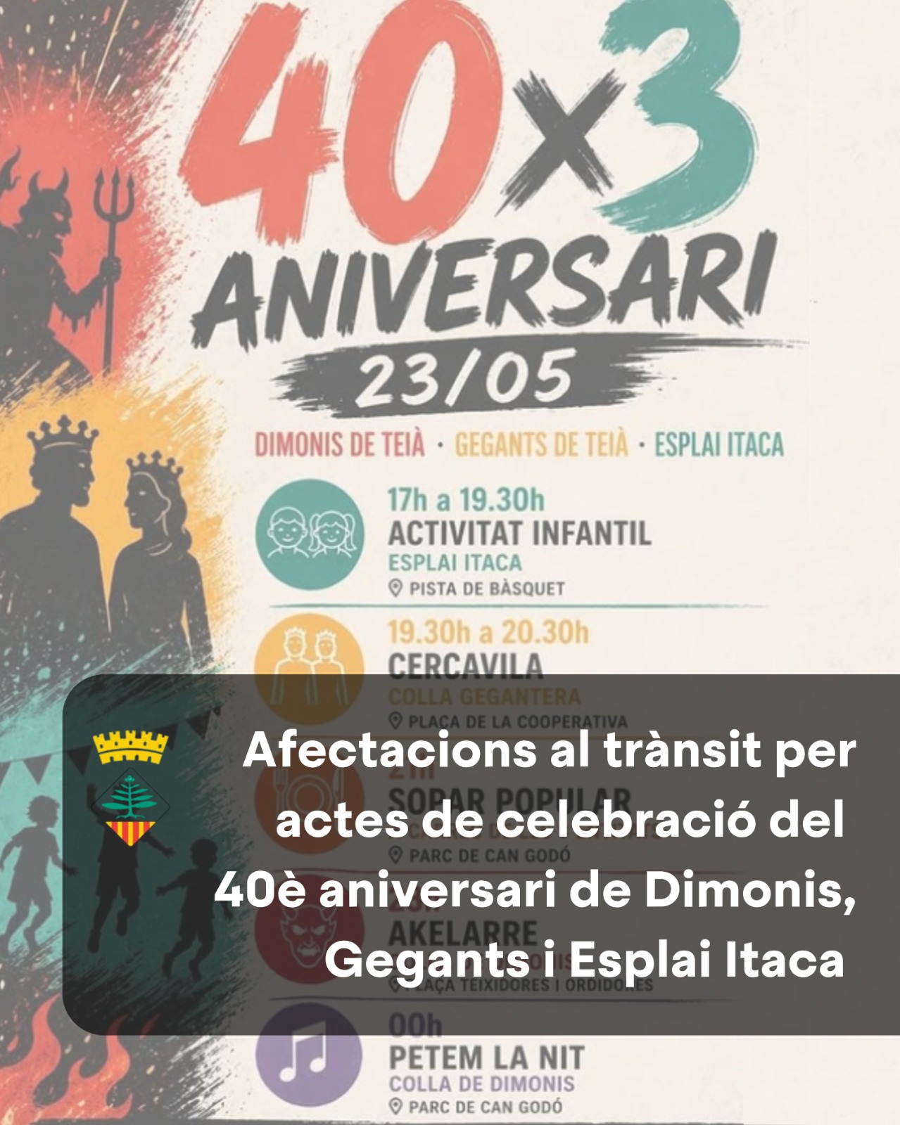 Afectacions puntuals a la circulació a la Riera amb motiu dels actes del 40è aniversari de les entitats de Teià